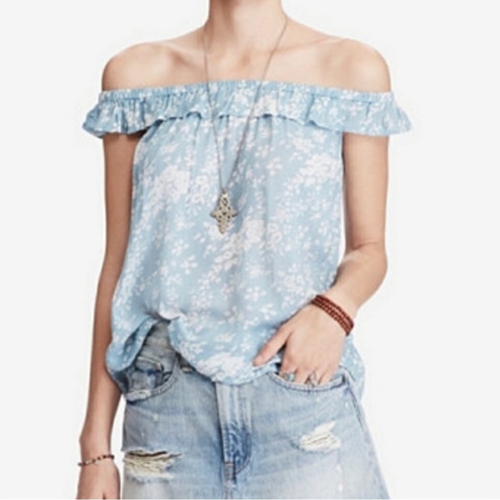 Denim & Supply Ralph Lauren Blue and White Floral Off the Shoulder Shirt Size L